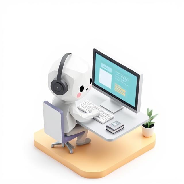 Animated cartoon character sitting at a desk, typing on a laptop, representing a creative web designer in toronto and scarborough at work.